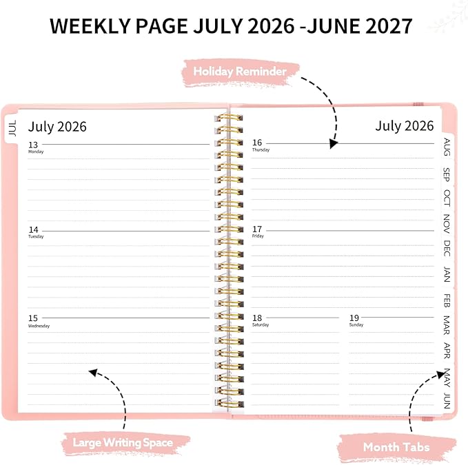 2026-2027 Planner, Weekly and Monthly Planner, July 2026-June 2027, Calendar Planner A5 (6.1" x 8.4") with Tabs, Inner Pocket for Home School Office Supplies, Pink