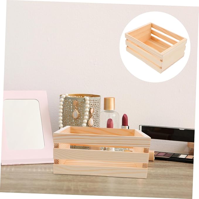 VALICLUD Box Desktop Wooden Storage Basket Hamper Storage Bins Small Wood Basket Desk Storage Basket Decorative Crate Living Room Basket Wooden Crates for Decor Kitchen Bins Beige