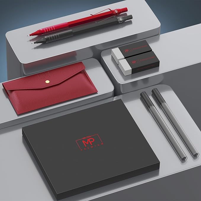 Mr. Pen- 0.5mm Metal Mechanical Pencil Set with Lead Refills & Erasers, 2 Pack, 2x Tubes Lead Refill, 2x Erasers, Red Faux Leather Pencil Case for School Supplies, Note Taking, Drawing, Sketching