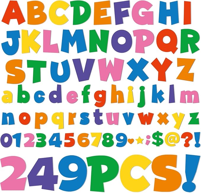 249 Pcs Bulletin Board Letters Set, 4 Inch Colorful Alphabet Numbers & Punctuation Cutouts with Adhesive Dots for Classroom Wall & School Decor (Colorful)