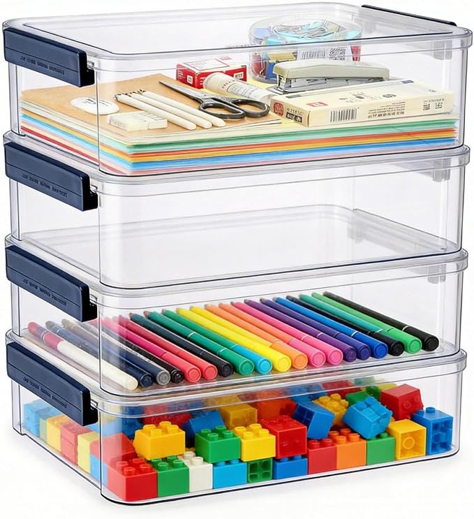 4 Pack 5.5qt 9 x 13 Clear Plastic Storage Box with Snap-Tight Latch, Stackable Organizer Container for A4 Files, Photos, Documents, Scrapbook, Crafts, and Art Supplies,Clear Storage Box With Lids