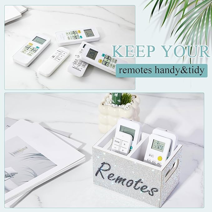 MotiMind Bling Rhinestone Remote Control Holder Crushed Diamond 2 Compartment Decorative TV Remote Caddy Organizer Storage Box Table Nightstand with and Label, Sparkly Gifts for Christmas(White)