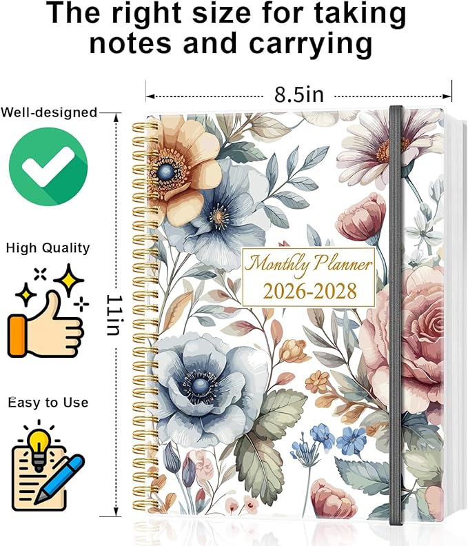 2026-2028 Monthly Planner - 36 Month PLanner Calendar from January 2026 to December 2028, 3 Year Planner 2026-2028 with Flexible Cover, Inner Pocket, Perfect for Home | School | Office, 8.5" x 11", Colorful Large Flower