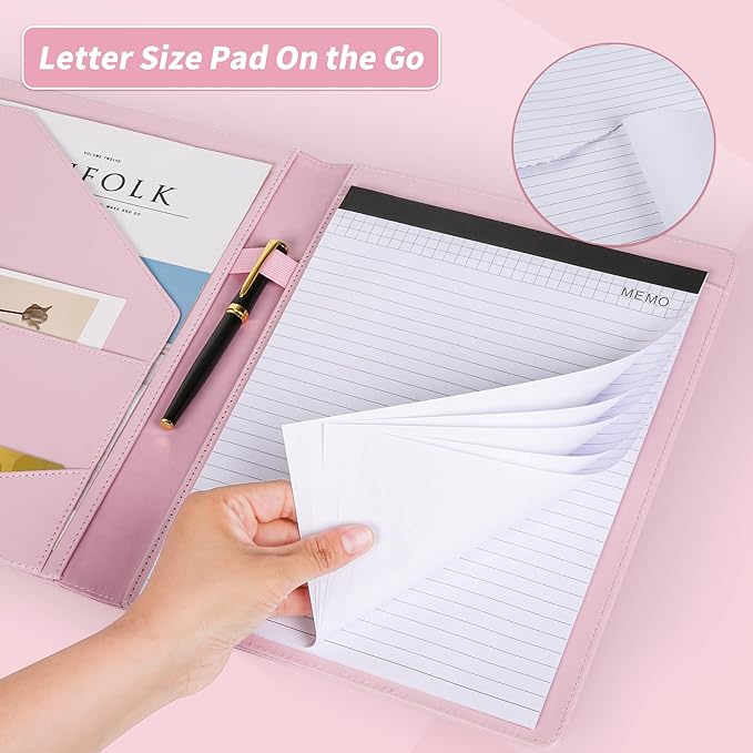 Pacific Mailer Padfolio Portfolio Leather Binder, Interview Legal Document Organizer, Business Card Holder Included Letter Sized Writing Pad [Pink, Piano Noir Faux Leather Matte Finish]