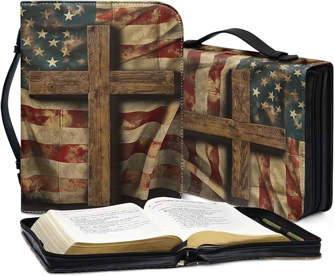 Retro American Flag Print Bible Cover Case for Women Carrying Book Case Church Bag for Biblical Carrying Book Case for Bible Accessories-Size：M