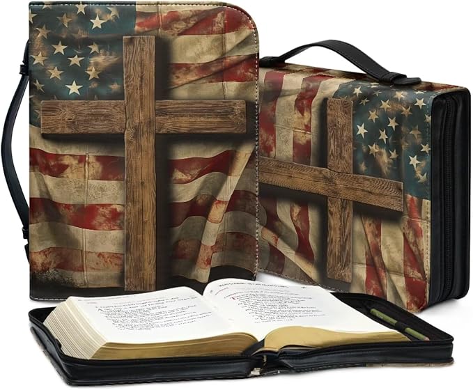 Retro American Flag Print Bible Cover Case for Women Carrying Book Case Church Bag for Biblical Carrying Book Case for Bible Accessories-Size：M