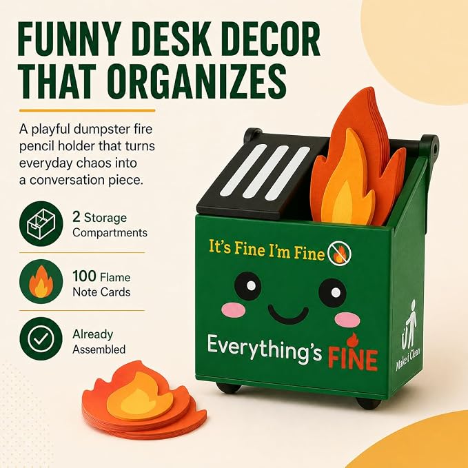 Desk Dumpster Fire Pen Holder – Everything’s Fine Funny Office Desk Decor, Mini Trash Can Pencil Holder Organizer with Flame Note Cards, Stress Relief White Elephant Gag Gift for Coworker
