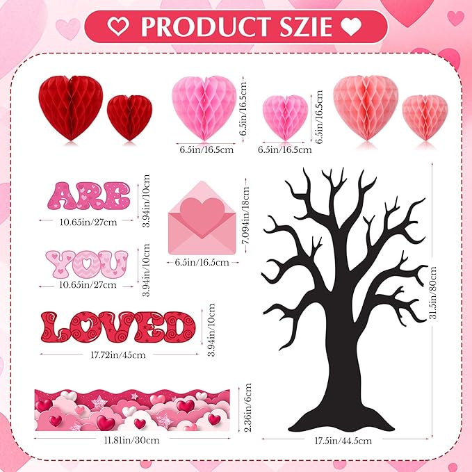 Fuutreo 53 Pcs You are Loved Tree Bulletin Board Classroom Decorations Set Heart Honeycombs Cutouts with Glue Points Envelope Pink Bulletin Border for School Home Wall Wedding Indoor Supplies