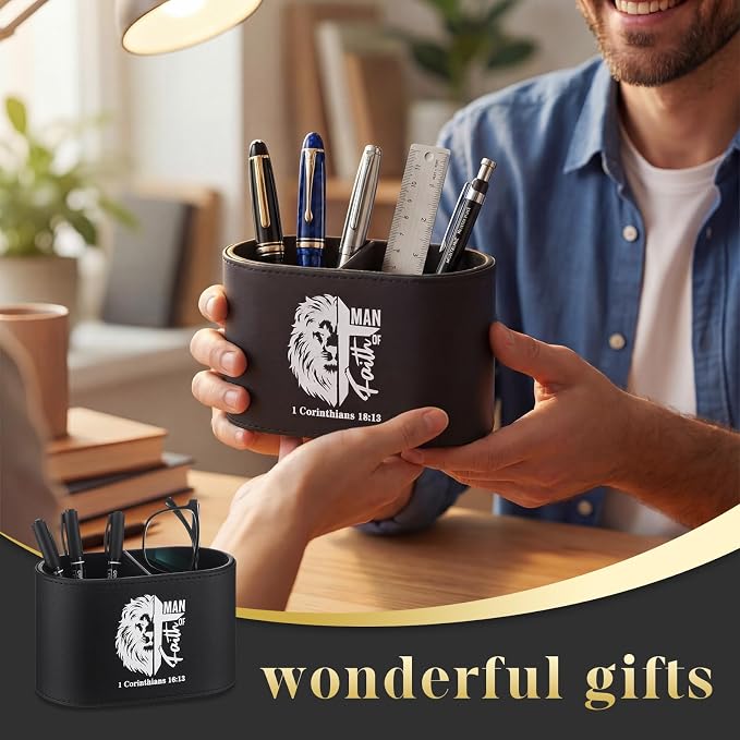 Dunzoom Gift for Father's Day Christian PU Leather Pen Holder for Desk, Bible Verse Pencil Cup Organizer, Religious Gift for Men, Pastor, Dad, Office Decor(Man of Faith)