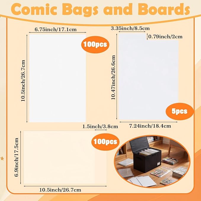 Novabright 207 Pieces Set of Comic Book Storage Set, Including 2 Comic Book Storage Boxes, 100 Bags, 100 Cardboard and 5 Dividers, Foldable with Handles, Suitable for Novel Collection