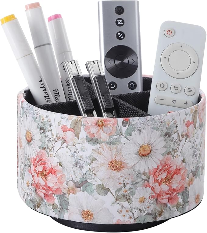 Spinning Remote Caddy for Table, 360 Degree Rotating Desk Organizer and TV Remote Holder, Decorative PU Leather Storage Basket for Bedside, Coffee Table, and Office Stationery, Peony PH128