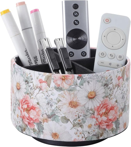 Spinning Remote Caddy for Table, 360 Degree Rotating Desk Organizer and TV Remote Holder, Decorative PU Leather Storage Basket for Bedside, Coffee Table, and Office Stationery, Peony PH128