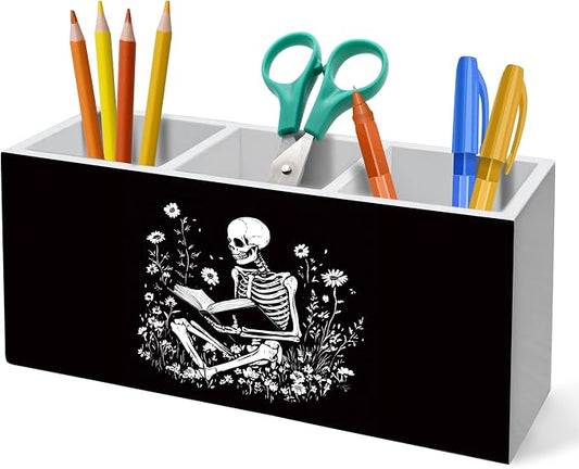 Gothic Skeleton Bookish Pen Holder for Desk Decoration, Witchy Gothic Skull Reading Book Wooden Box Sign Pencil Holder Organizer for Home Office Desk Accessories, Book Lover Gifts