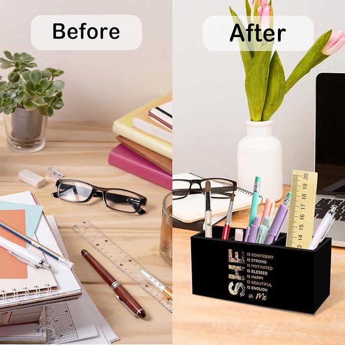 Black Gold Affirmations Pen Pencil Holder for Desk, Inspirational Self Care Office Desk Accessories, Self Love Positive Holders Organizer for Women Girls, She Is Me