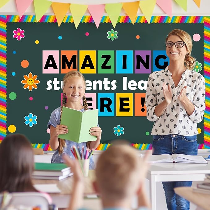AnyDesign 85Pcs Back to School Bulletin Board Decor Rainbow Flower Dots Paper Cutouts with 150Pcs Glue Points for Party Classroom Wall Decor