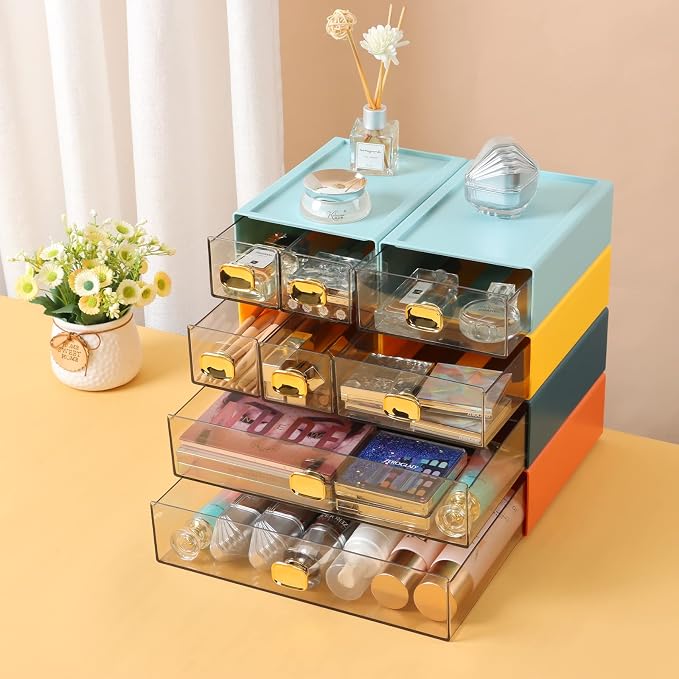 Spacious Desk Drawers, Stackable Desktop Organizer, Plastic Storage Box for Office, School & Home Supplies (2 Middle Drawers, CYAN)