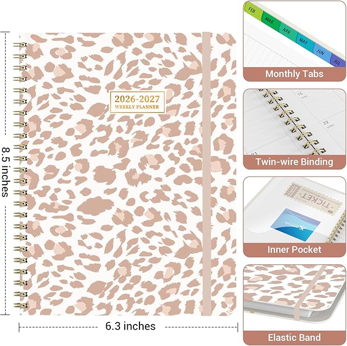 Academic Planner 2026–2027, Weekly & Monthly Calendar Planner, July 2026 – June 2027, Hardcover Agenda Book with Tabs, A5 (6.3" x 8.5"), Daily Organizer for Students, Teachers & School Supplies, Pink Leopard (Jul 2026–Jun 2027)
