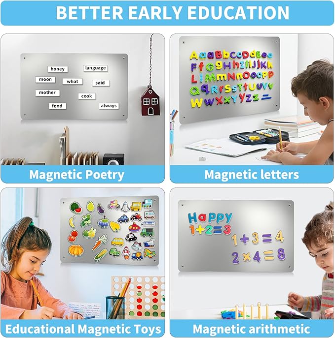 17.7" x 11.8" 2 Pack Stainless Steel Magnetic Board - Magnet Bulletin Board to Display Magnetic Letters Numbers Animal, Poetry, Spice Jars, Notes, Photos, Suitable for Wall, Refrigerator, Cubicle