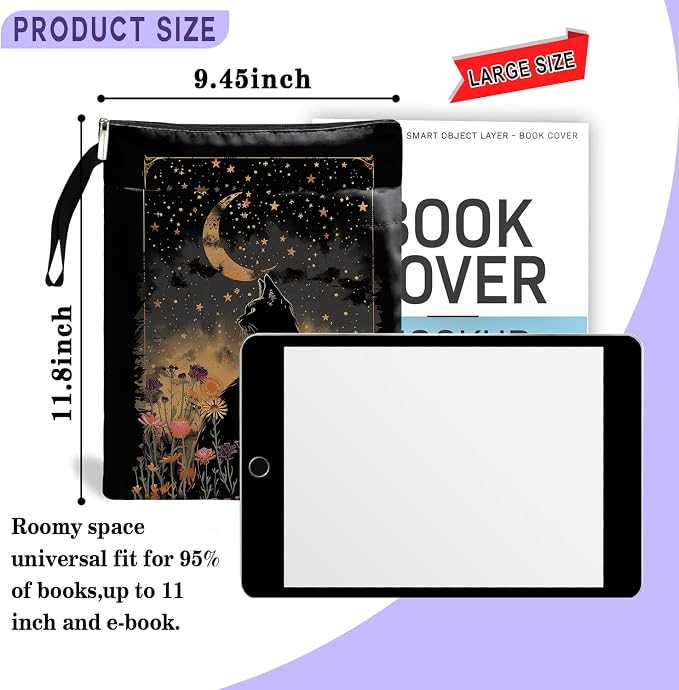 Cat Book Sleeve,Book Covers for Paperbacks,Book Sleeves with Zipper, Book Pouch Cat Lover Gifts for Women Teacher Daughter Graduation Birthday Gifts (Black Cat and Flower, Large)