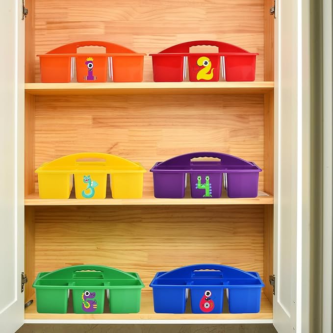 ALINK Plastic Classroom Caddy with 6 Compartments, 6-Pack Teacher Supply Storage Caddy Organizer for Classroom Supply, Office, Table, Desk, Craft Art, Pencil, Crayon, Marker - Assorted Colors