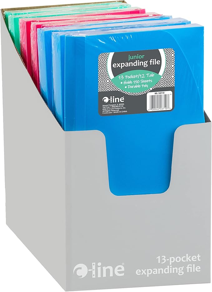C-Line 13-Pocket Poly Expanding File, 10 x 5 Inches, Junior Size for Receipts and Checks, Includes Tabs, 1 File, Color May Vary (58710) (Pack of 12)