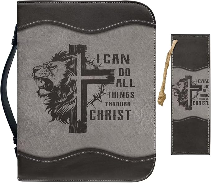 Vintage Cross and Lion Bible Case with Bookmark Waterproof Bible Cover Case for Women Lightweight Bible Bag with Handle Pockets Church Book Bag Grey