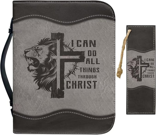 Vintage Cross and Lion Bible Case with Bookmark Waterproof Bible Cover Case for Women Lightweight Bible Bag with Handle Pockets Church Book Bag Grey