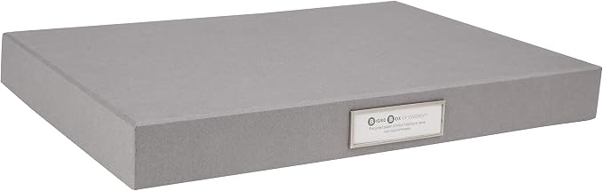 Bigso Sven Fiberboard Classic Hinged Document Box - File Organizer for Important Paperwork - Document Storage Box with Hinged Lid & Metal Label Window - 1.8 in x 13.2 in x 9.3 in - Grey