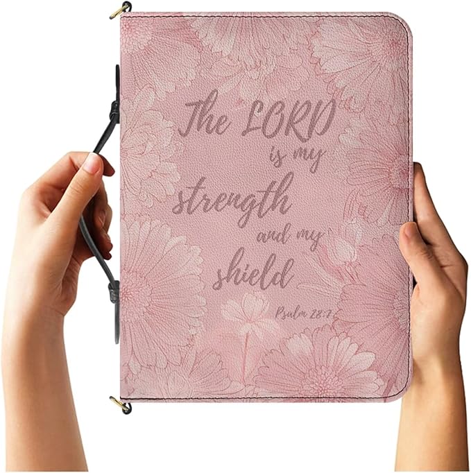 Extra Large Bible Bags for Women, Pink Bible Carrying Case with Strap and Handle, Psalm 28:7 Floral Print PU Leather Book Holder with Inner Pockets and Pen Loop, Biblia Accessories Women