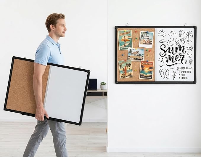 Magnetic White Board and Cork Board Combo, 24" x 18" Combination Bulletin & Dry Erase Board, Wall Mounted for Home, School and Office, Black Aluminum Frame