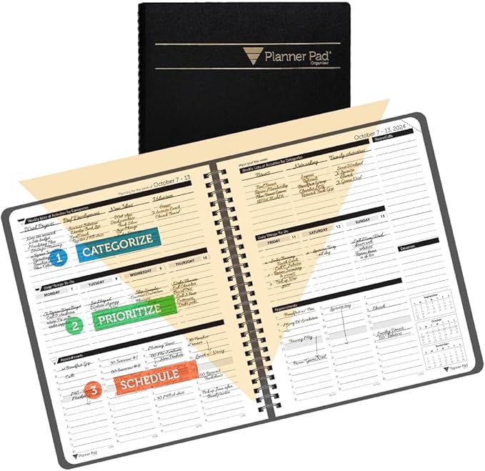 Planner Pad Spiral Bound October 2024 – September 2025 6 3/4" x 8 1/2" Medium 3-Tier Funnel Down 12 Month Organizer, Black Cover/Black Ink
