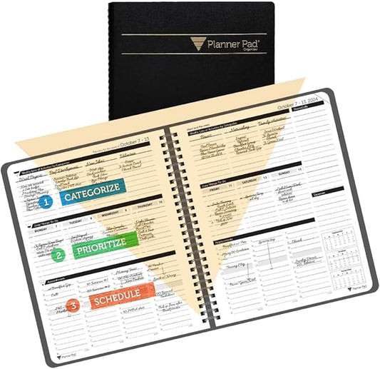 Planner Pad Spiral Bound October 2024 – September 2025 6 3/4" x 8 1/2" Medium 3-Tier Funnel Down 12 Month Organizer, Black Cover/Black Ink