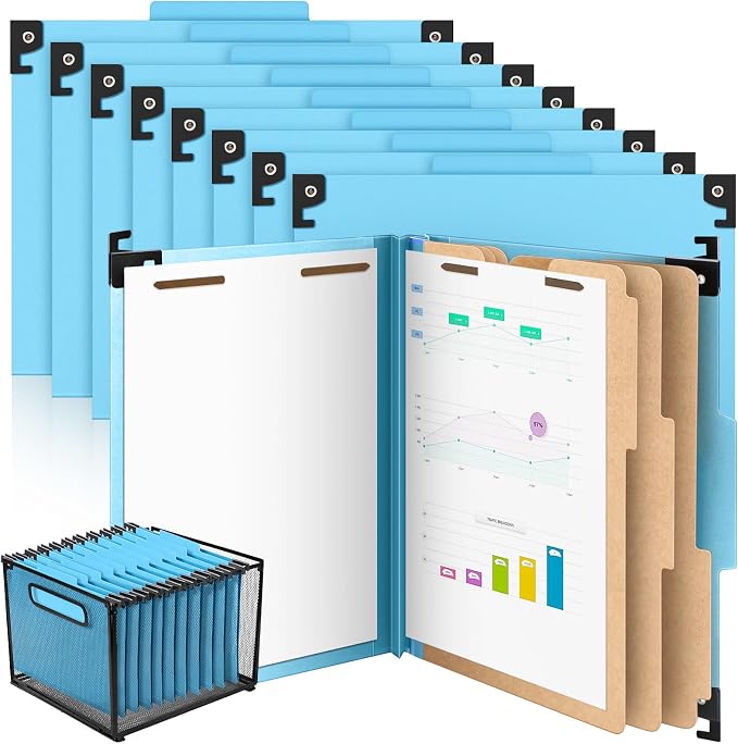 Henoyso 15 Pcs Hanging Classification File Folders, Letter Size Light Blue Folders with 3 Pressboard Dividers, 8 Fasteners, 4 Inch Expansion, 1/3-cut Top Tab for Medical Records and File Cabinet