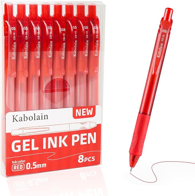 8 Pcs Red Ink Gel Pens, 0.5mm Retractable Ballpoint, Fine Point Smooth Pens with Soft Grip, Office Pen School Supplies for Writing