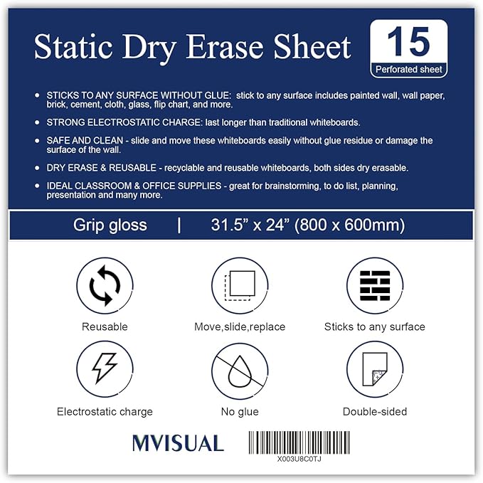 15 Pack Static Dry Erase Sheets, White Board Wallpaper 31.5 x 24 Inch, Line Dry Erase Sticker for Wall