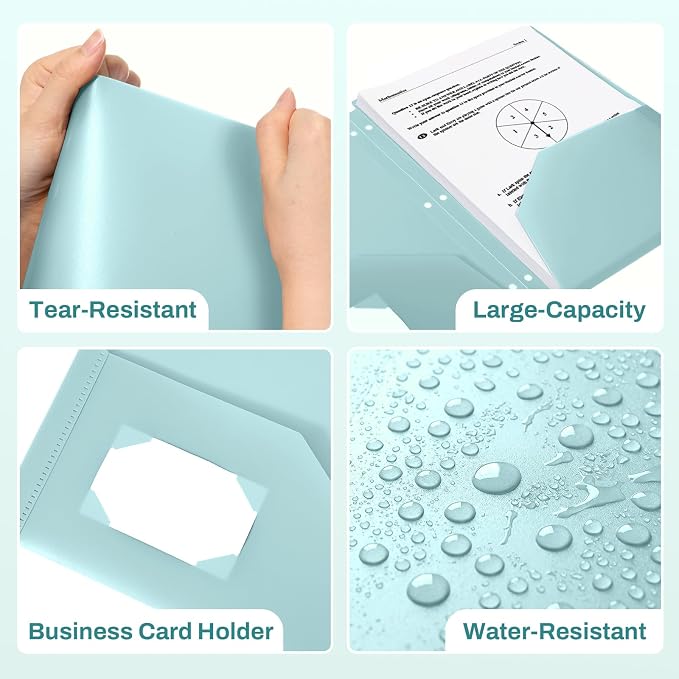 SUNEE 3 Hole Pocket Folders (1 Pack, Light Blue), Plastic Pocket Folders for 3 Ring Binder, 3-Hole Punched Folder with Pockets, for Kids, Students, Teachers, Office Staff