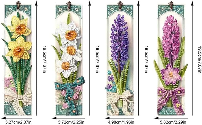 ARTopet 4Pcs DIY Diamond Art Painting Bookmarks with Colorful Butterfly Pendant PET Bookmark Ornament Double Sided Pattern Single Sided Diamond Book Marker Clip Gifts Tags-Flowers04