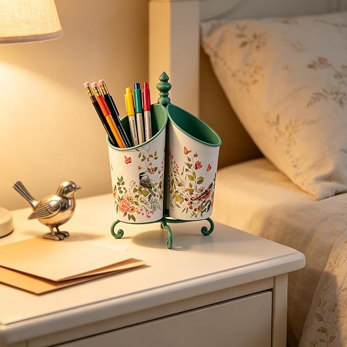 360° Rotating Metal Pen Holder for Desk, Cute Floral Bird Desktop Organizer with Dome Roof, Pencil Cup & Remote Control Holder for Home Office (Green)