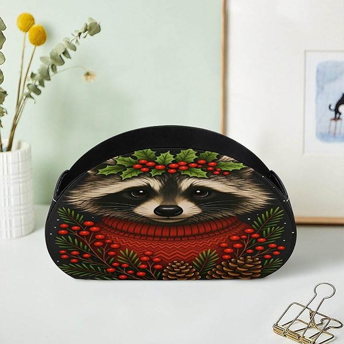 Christmas Raccoon Remote Control Holder with 5 Compartment PU Leather Multi Functional Desk Storage for TV Remotes Office Supplies