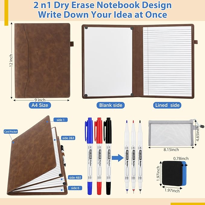 Feifeiya 6 Sides Dry Erase Notebook Portable Whiteboards Notebook Small Reusable College Ruled Lined Board Folding Mini Travel Dry Erase White Board for Office Study (Brown,A4: 9 x 12 Inches)
