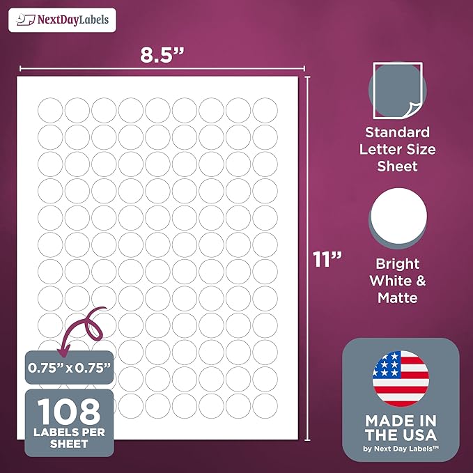 NextDayLabels 0.75 Inch Round Circle Stickers White for Bleeds Laser Inkjet - 108 Per Sheet Self-Adhesive Color Coding Inventory Labels Made in USA - 108,000 Labels