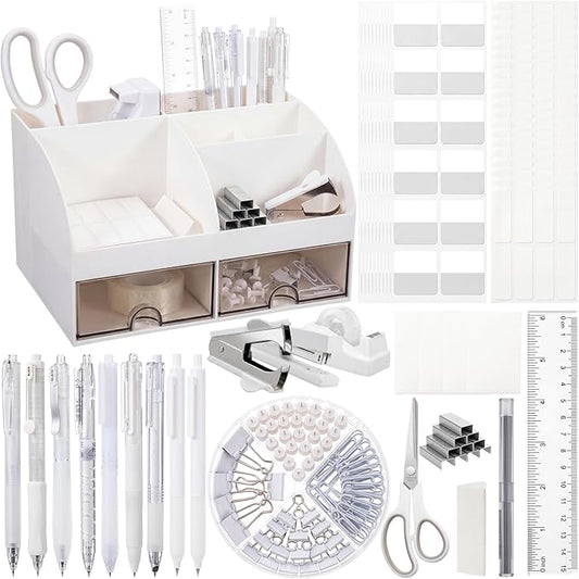 Eersida Office Desk Accessories Supplies, 26 Pcs Desk Organizer with Tape Dispenser, Stapler, Staple, Staple Remover, Scissor, Ruler, Sticky Tabs, Tape, Ballpoint Pen, Pencil, Clips for School(White)