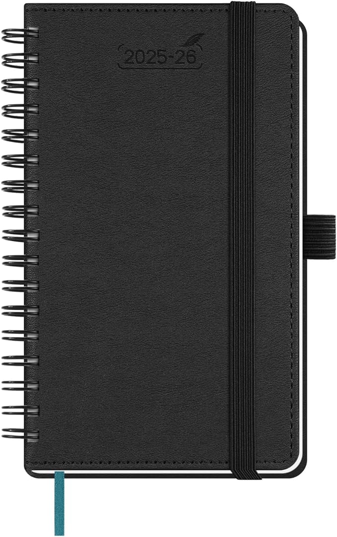 BEZEND Pocket Planner 2026 Weekly and Monthly (3.5" x 6") Small Calendar Book for Purse (Jul 25-Dec 26) with Daily Appointment, Storage Pocket, Pen Holder, Spiral, PU Leather Softcover - Black