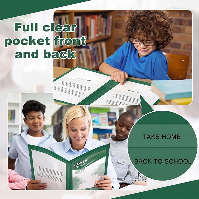 Henoyso 24 Pcs Take Home Folder Heavy Duty 2 Clear Front Pockets and 2 Inside Pockets Homework Folders for School Students Parent Teacher Classroom Communication (Dark Green)