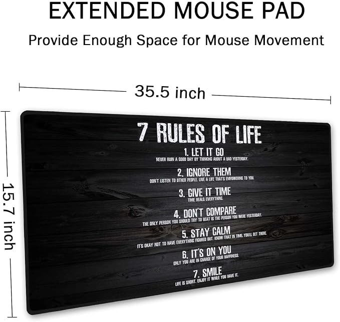 SSOIU 7 Rules of Life Motivational Quotes Mouse Pad 35.5 X 15.7 Inch XXL Full Desk Mousepad Extended Large Non-Slip Rubber Base Waterproof Big Keyboard Mat with Stitched Edges for Gaming and Office