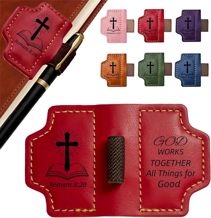 MOTEERLLU Bygone Mark Personalized Magnetic Leather Bookmark Pen Holder, Christian Gifts, Inspirational Bible Book Marks for Reading Women, Men, Teachers, Book Lover(Red Romans 8:28)