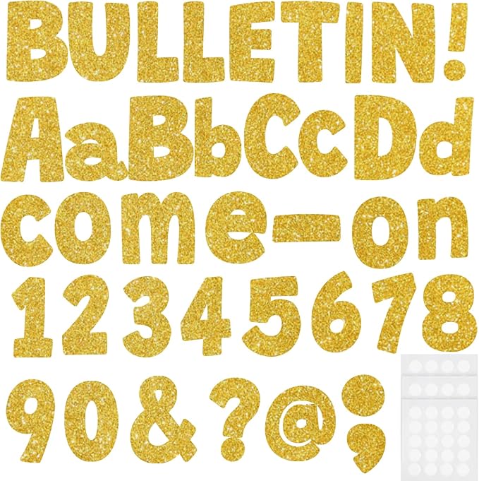 225Pcs Glitter Bulletin Board 4inch Letters with Adhesive Dots Punctuation Symbols Cutout for Classroom Numbers Alphabet School Display Decorating Supplies (Gold)