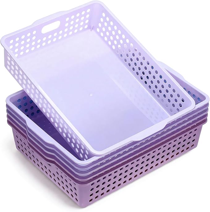Purple 6 Pack Plastic Classroom Paper Baskets, Turn in Trays, Organizing Desk Tray for A4 Papers, Classroom Storage Turn in Bins, for Teachers and Students, Office Desk Room Trays