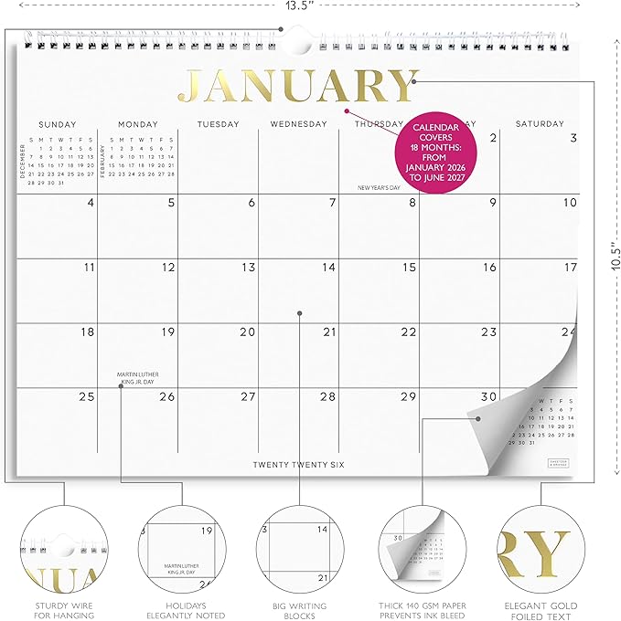 S&O Gold Foil Wall Calendar from January 2026-June 2027 - Tear-Off Monthly Calendar - 18 Month Academic Wall Planner - Hanging Organizer to Track Anniversaries & Appointments - 13.5"x10.5”in