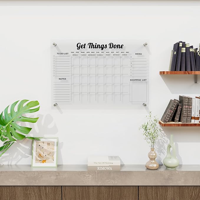 Custom Acrylic Wall Calendar – Personalized Dry Erase Monthly Planner with To-Do List, Menu & Shopping Section – Clear, Modern Office or Kitchen Organizer – Reusable, Writable, and Stylish